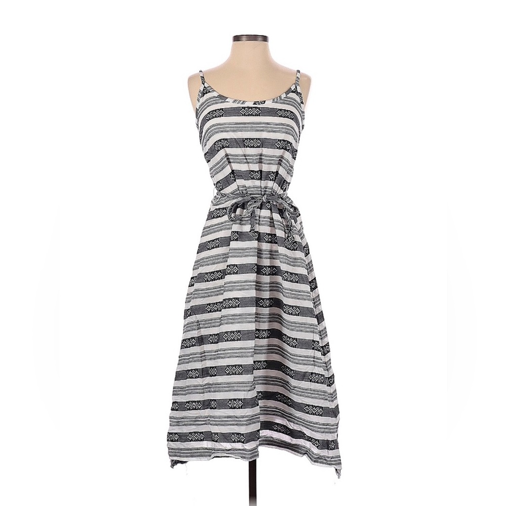 Grey & White Striped Midi Dress with Geometric Pattern